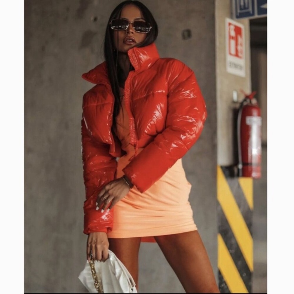 XS Zara Cropped Quilted Puffer Jacket Glossy Orange 🔥Hot Item + Blogger Fave🔥
